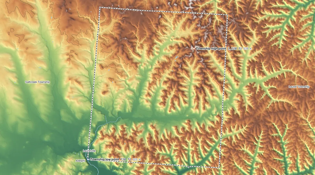 Topographic elevation map of Perry Township, Hocking County, Ohio, shaded from 730 ft on the southwest side to 1,220 ft on the northeast side