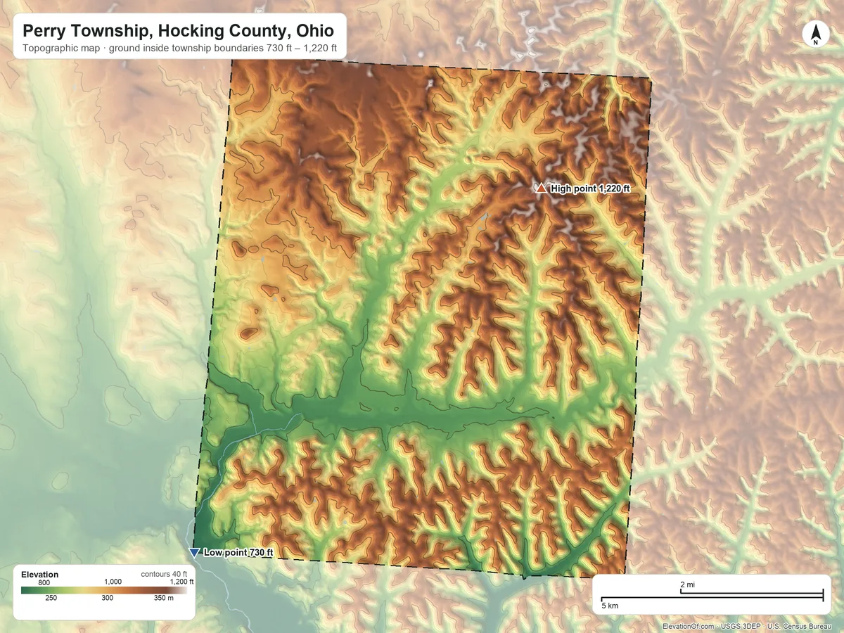 Topographic elevation map of Perry Township, Hocking County, Ohio, shaded from 730 ft on the southwest side to 1,220 ft on the northeast side