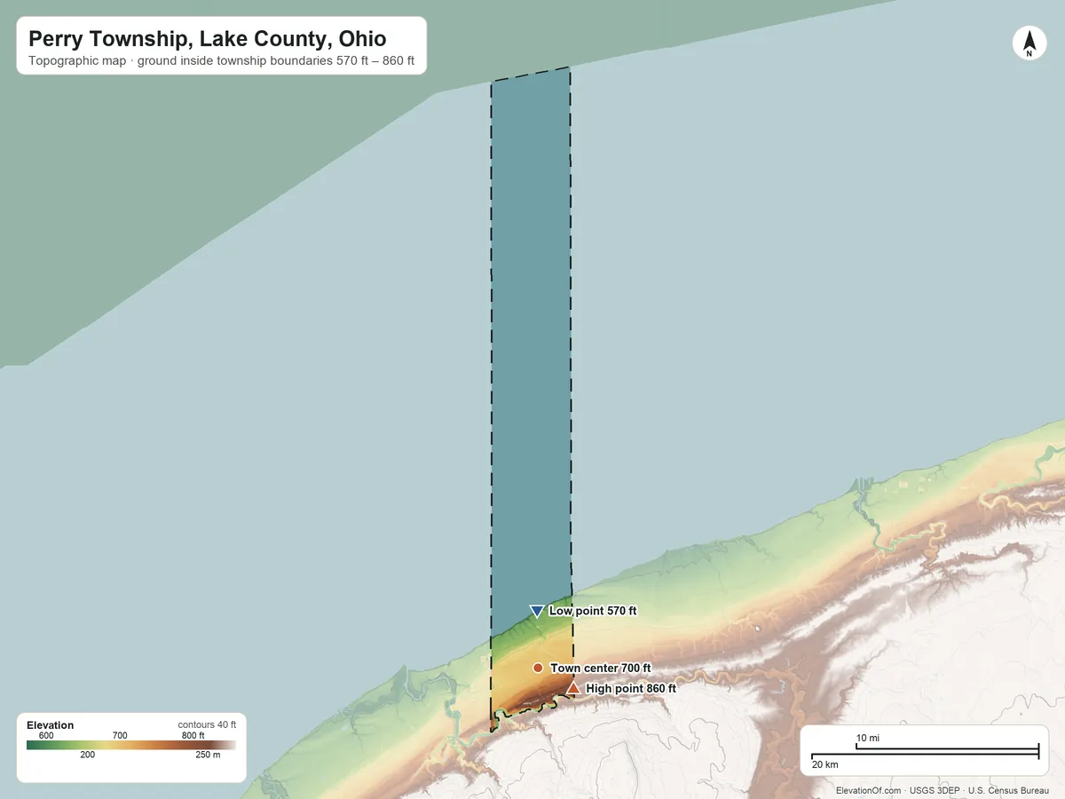 Topographic elevation map of Perry Township, Lake County, Ohio, shaded from 570 ft near the middle to 860 ft near the middle