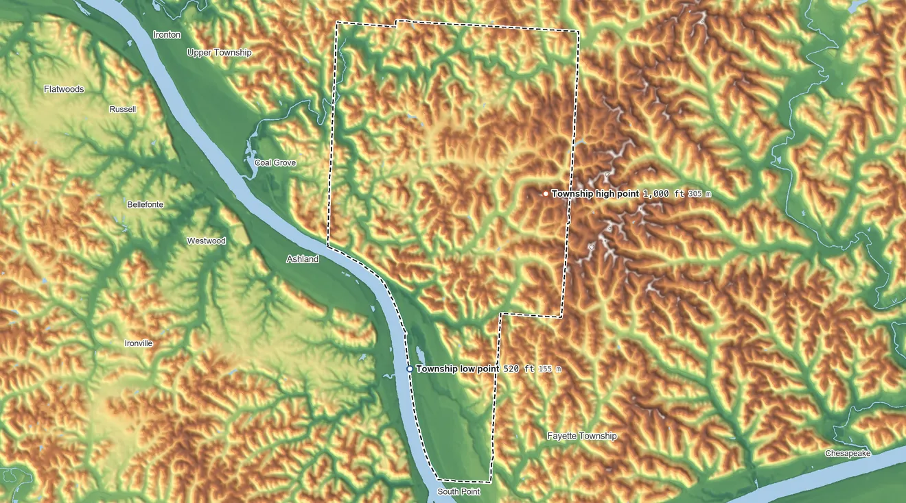 Topographic elevation map of Perry Township, Lawrence County, Ohio, shaded from 520 ft on the southwest side to 1,000 ft on the northeast side