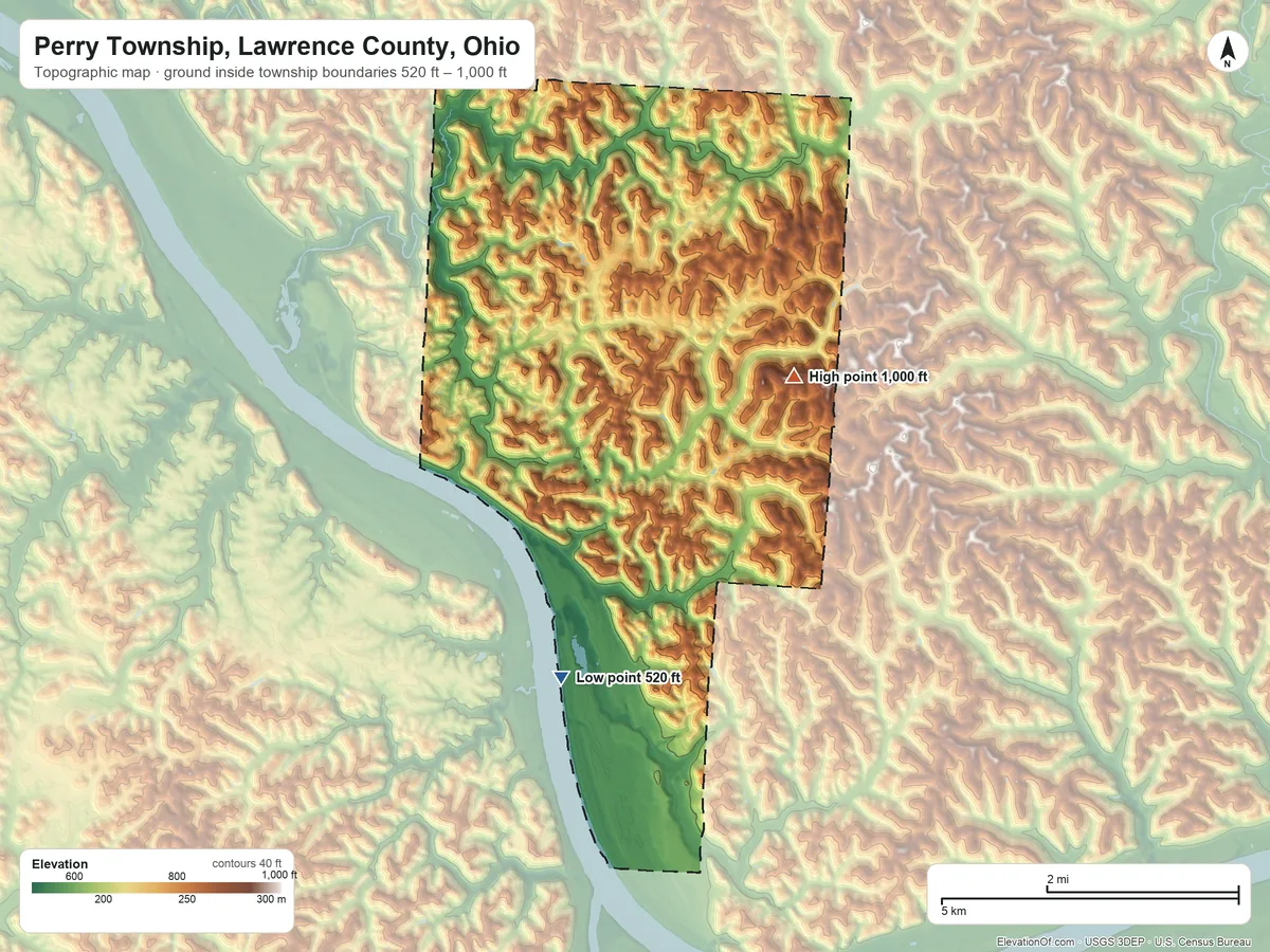 Topographic elevation map of Perry Township, Lawrence County, Ohio, shaded from 520 ft on the southwest side to 1,000 ft on the northeast side