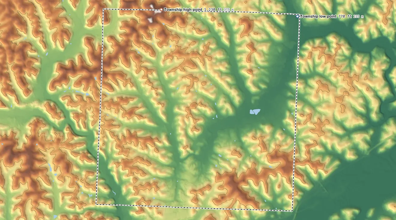 Topographic elevation map of Perry Township, Licking County, Ohio, shaded from 770 ft on the northeast side to 1,230 ft on the north side
