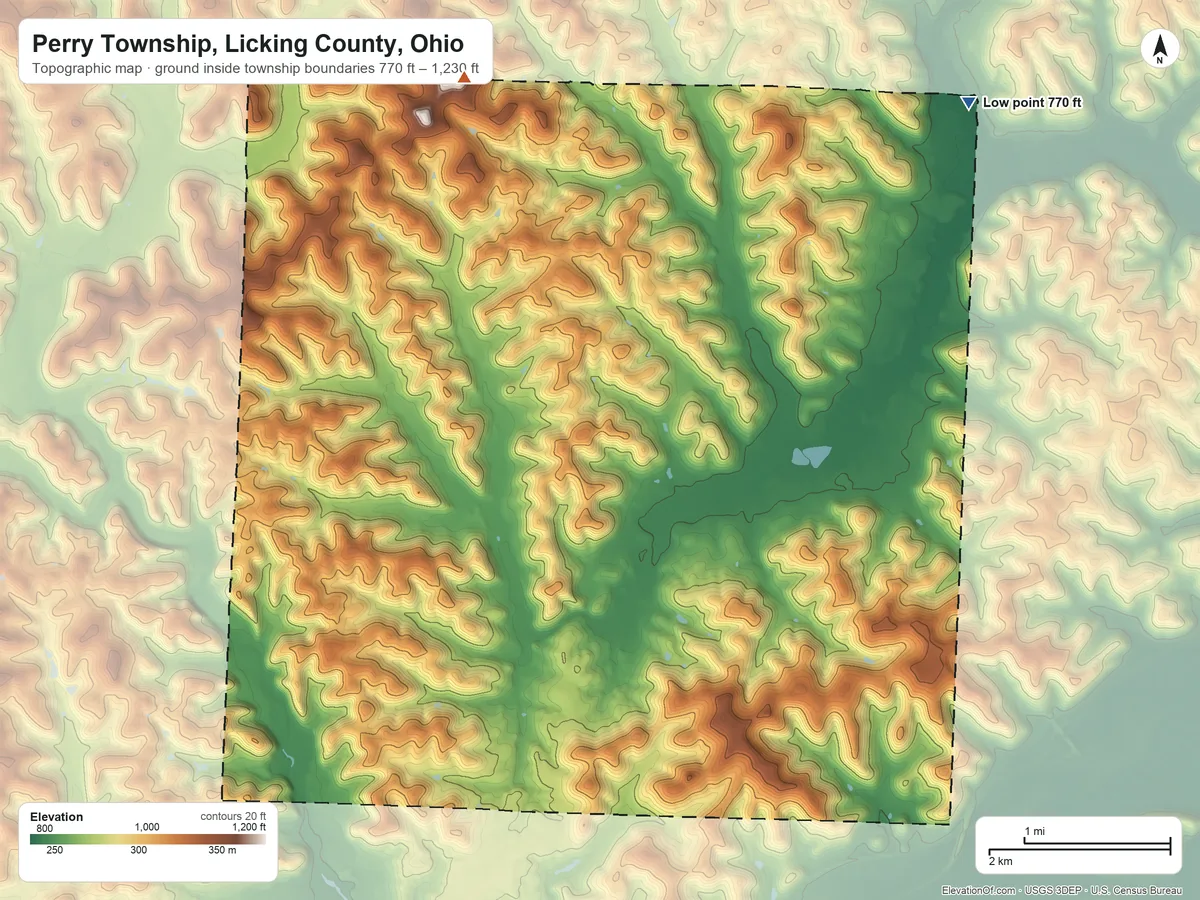 Topographic elevation map of Perry Township, Licking County, Ohio, shaded from 770 ft on the northeast side to 1,230 ft on the north side
