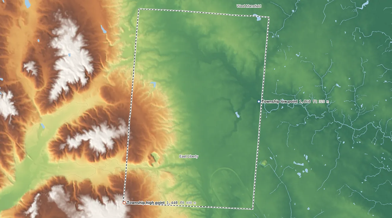 Topographic elevation map of Perry Township, Logan County, Ohio, shaded from 1,060 ft on the east side to 1,440 ft on the southwest side