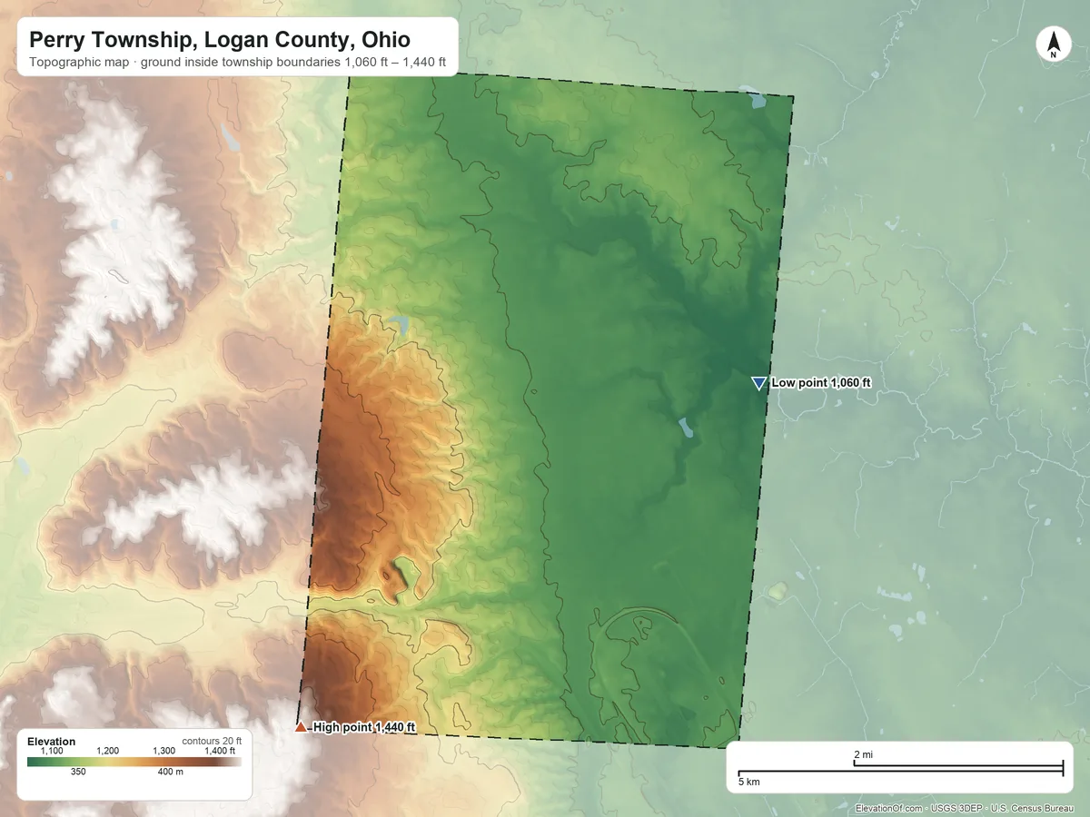 Topographic elevation map of Perry Township, Logan County, Ohio, shaded from 1,060 ft on the east side to 1,440 ft on the southwest side