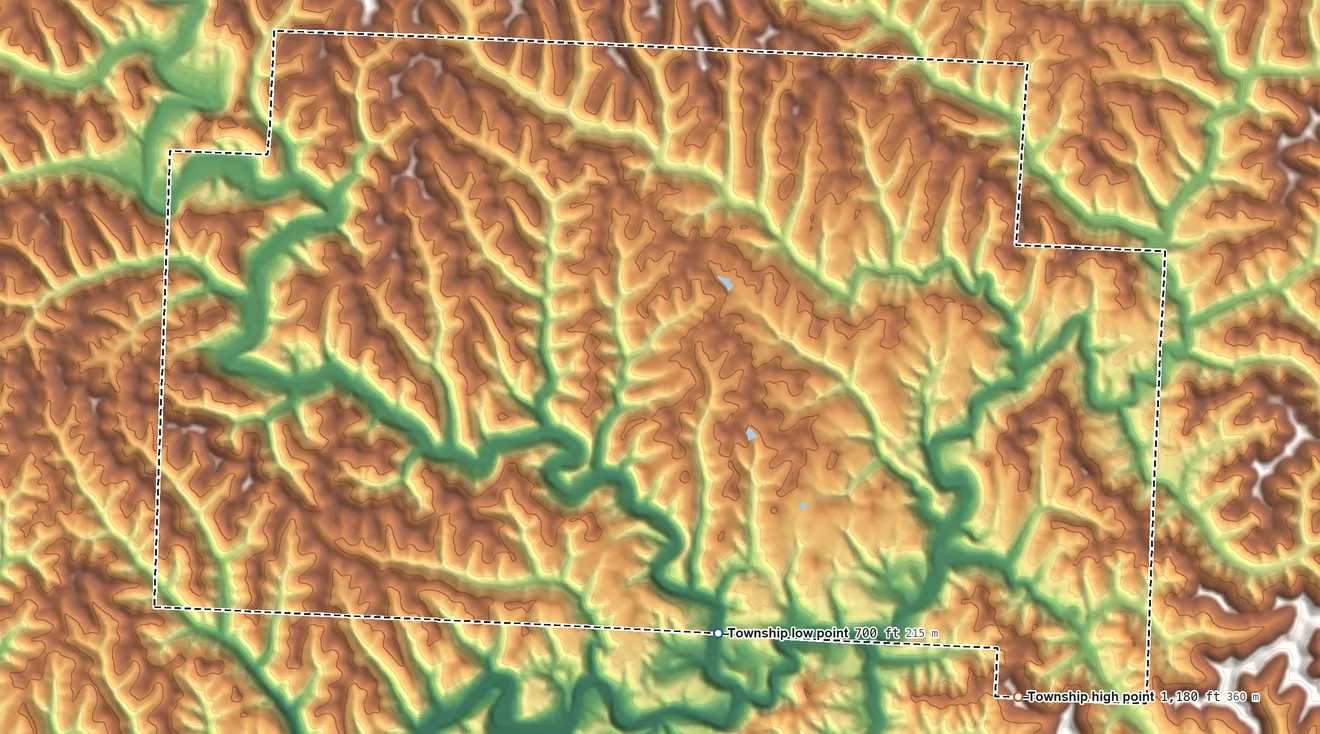 Topographic elevation map of Perry Township, Monroe County, Ohio, shaded from 700 ft on the south side to 1,180 ft on the southeast side