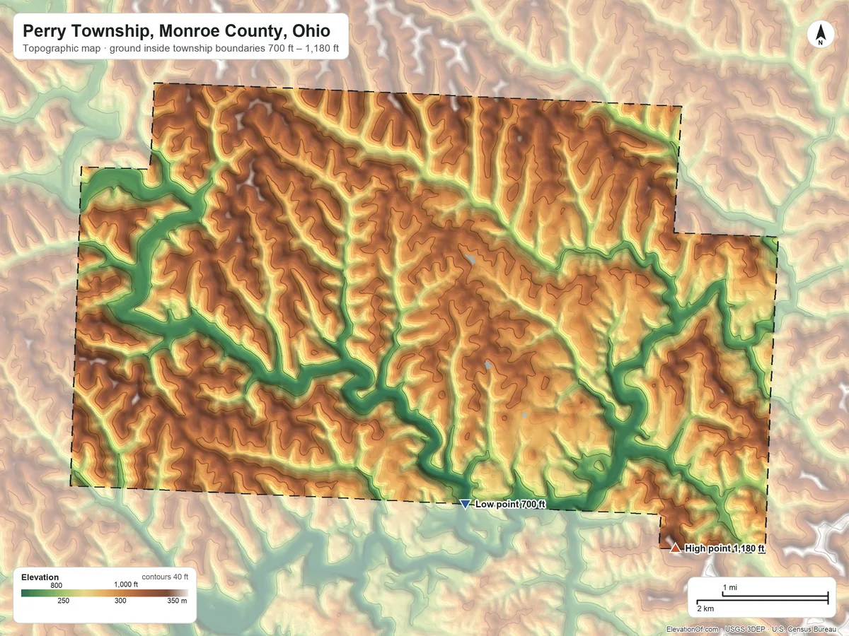 Topographic elevation map of Perry Township, Monroe County, Ohio, shaded from 700 ft on the south side to 1,180 ft on the southeast side