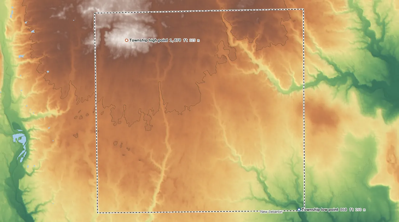 Topographic elevation map of Perry Township, Montgomery County, Ohio, shaded from 860 ft on the southeast side to 1,070 ft on the northwest side
