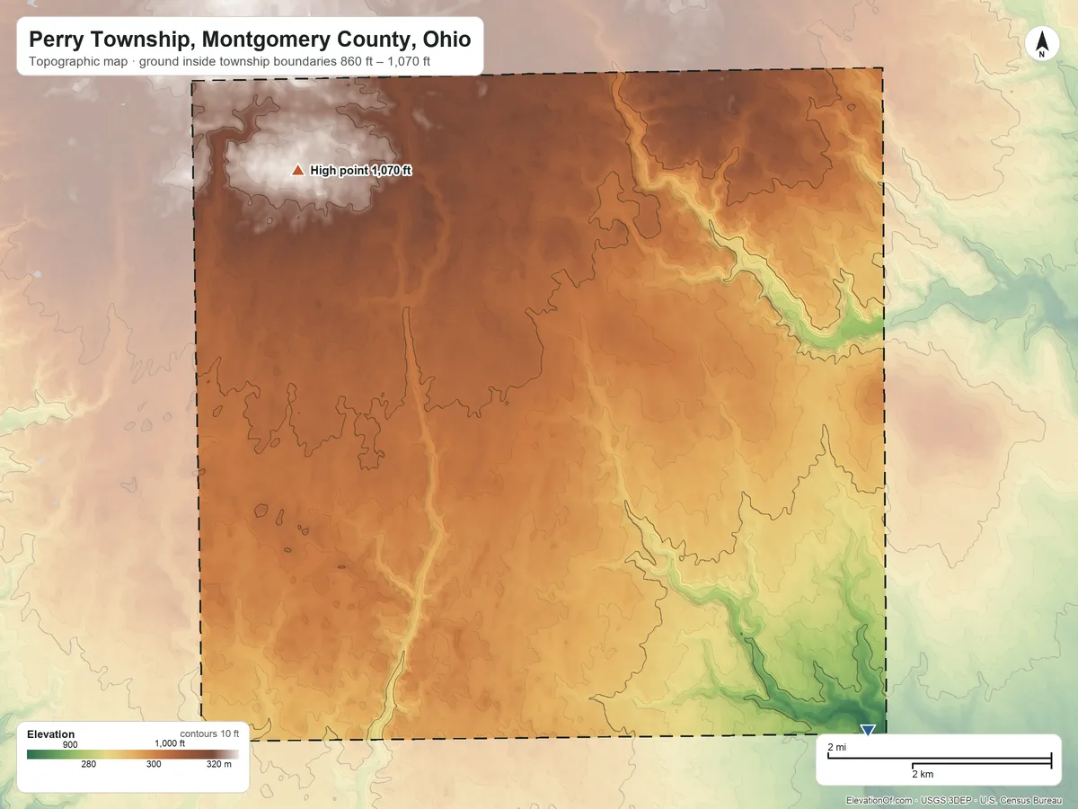 Topographic elevation map of Perry Township, Montgomery County, Ohio, shaded from 860 ft on the southeast side to 1,070 ft on the northwest side