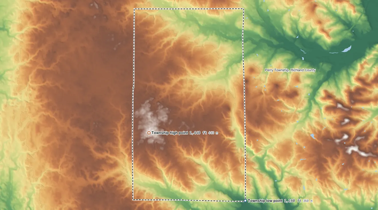 Topographic elevation map of Perry Township, Morrow County, Ohio, shaded from 1,180 ft on the southeast side to 1,440 ft on the southwest side