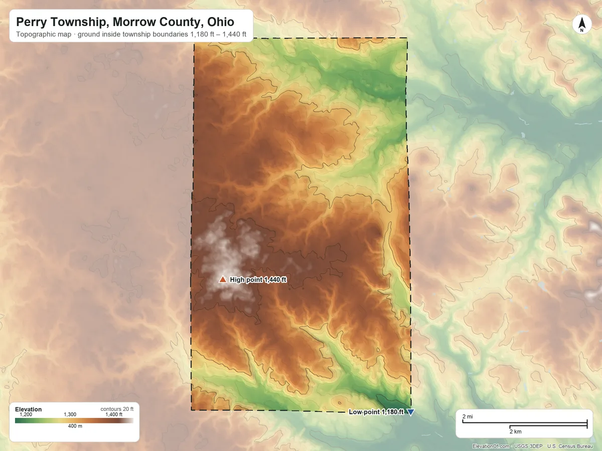 Topographic elevation map of Perry Township, Morrow County, Ohio, shaded from 1,180 ft on the southeast side to 1,440 ft on the southwest side
