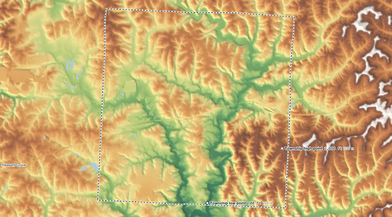 Topographic elevation map of Perry Township, Muskingum County, Ohio, shaded from 700 ft on the southeast side to 1,080 ft on the east side