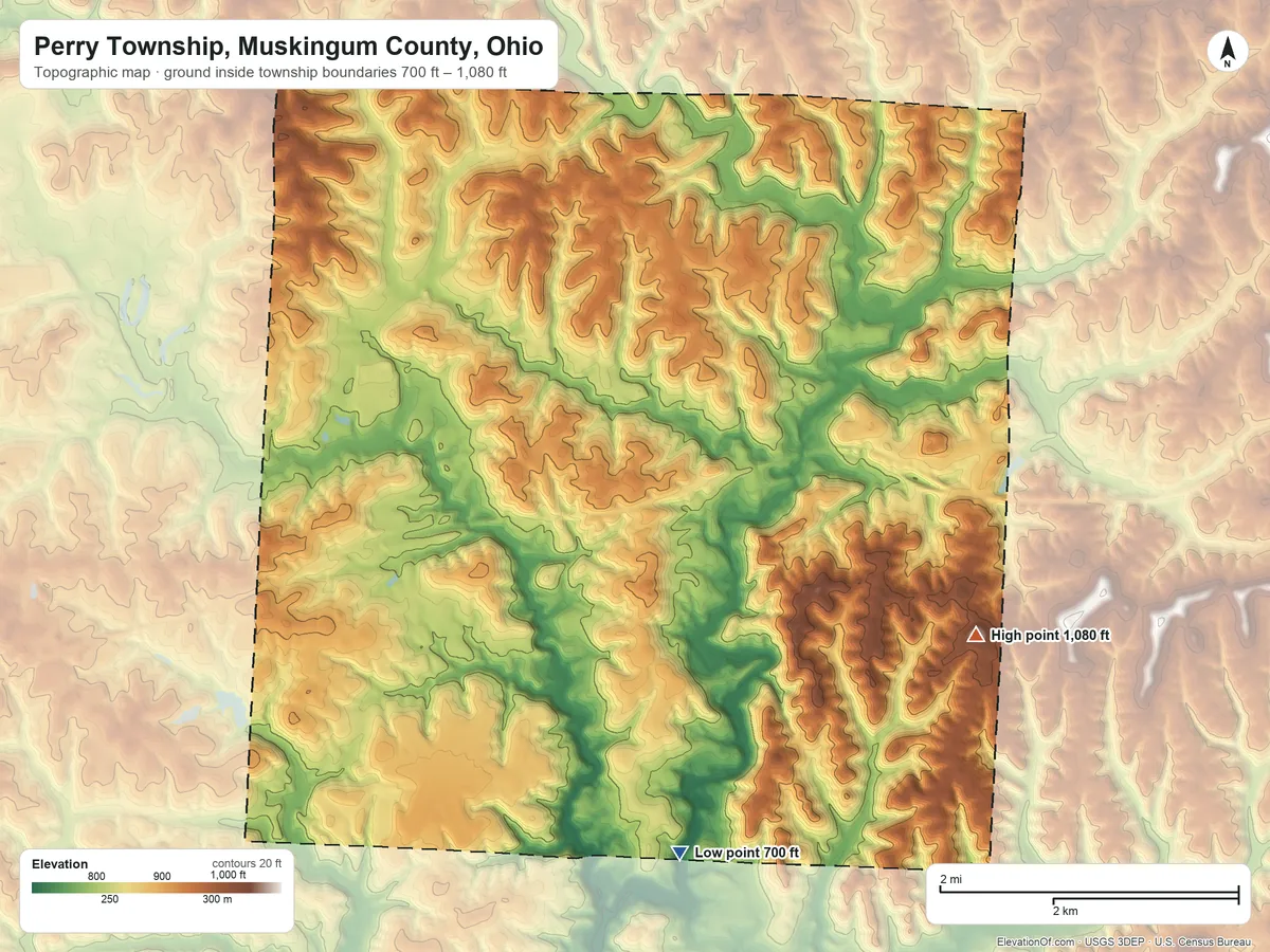 Topographic elevation map of Perry Township, Muskingum County, Ohio, shaded from 700 ft on the southeast side to 1,080 ft on the east side