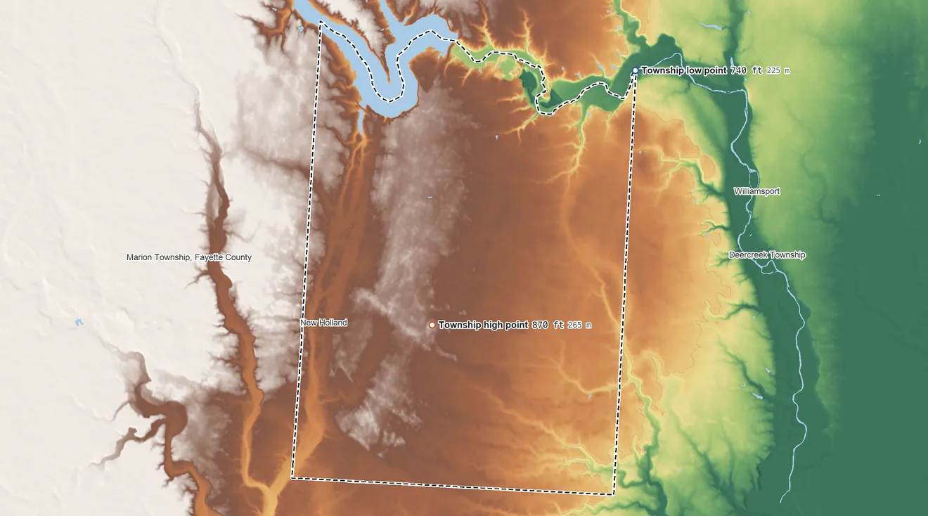 Topographic elevation map of Perry Township, Pickaway County, Ohio, shaded from 740 ft on the northeast side to 870 ft near the middle
