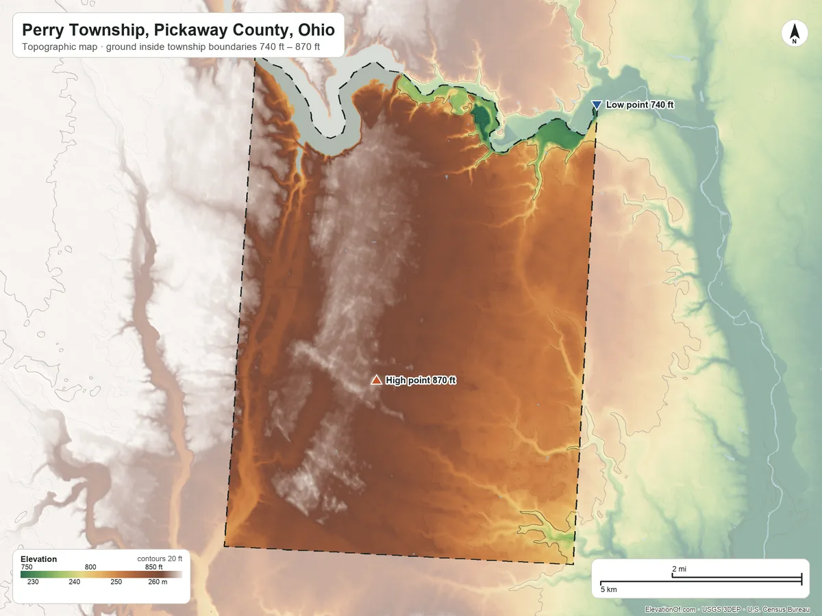 Topographic elevation map of Perry Township, Pickaway County, Ohio, shaded from 740 ft on the northeast side to 870 ft near the middle