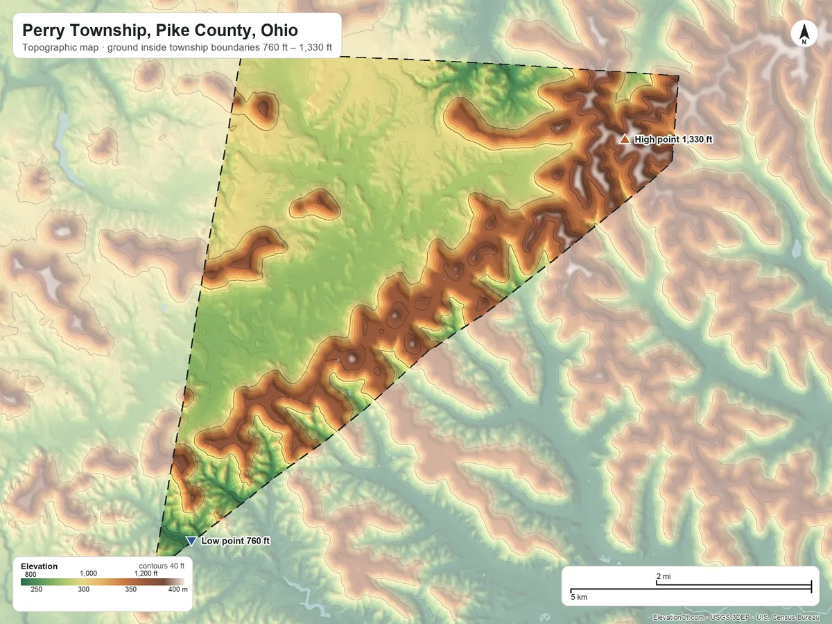 Topographic elevation map of Perry Township, Pike County, Ohio, shaded from 760 ft on the southwest side to 1,330 ft on the east side