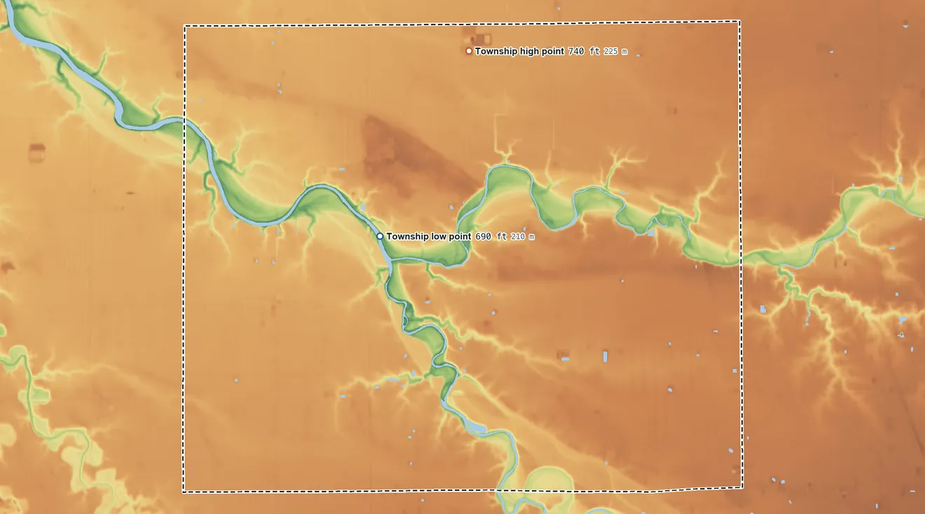 Topographic elevation map of Perry Township, Putnam County, Ohio, shaded from 690 ft on the west side to 740 ft on the north side
