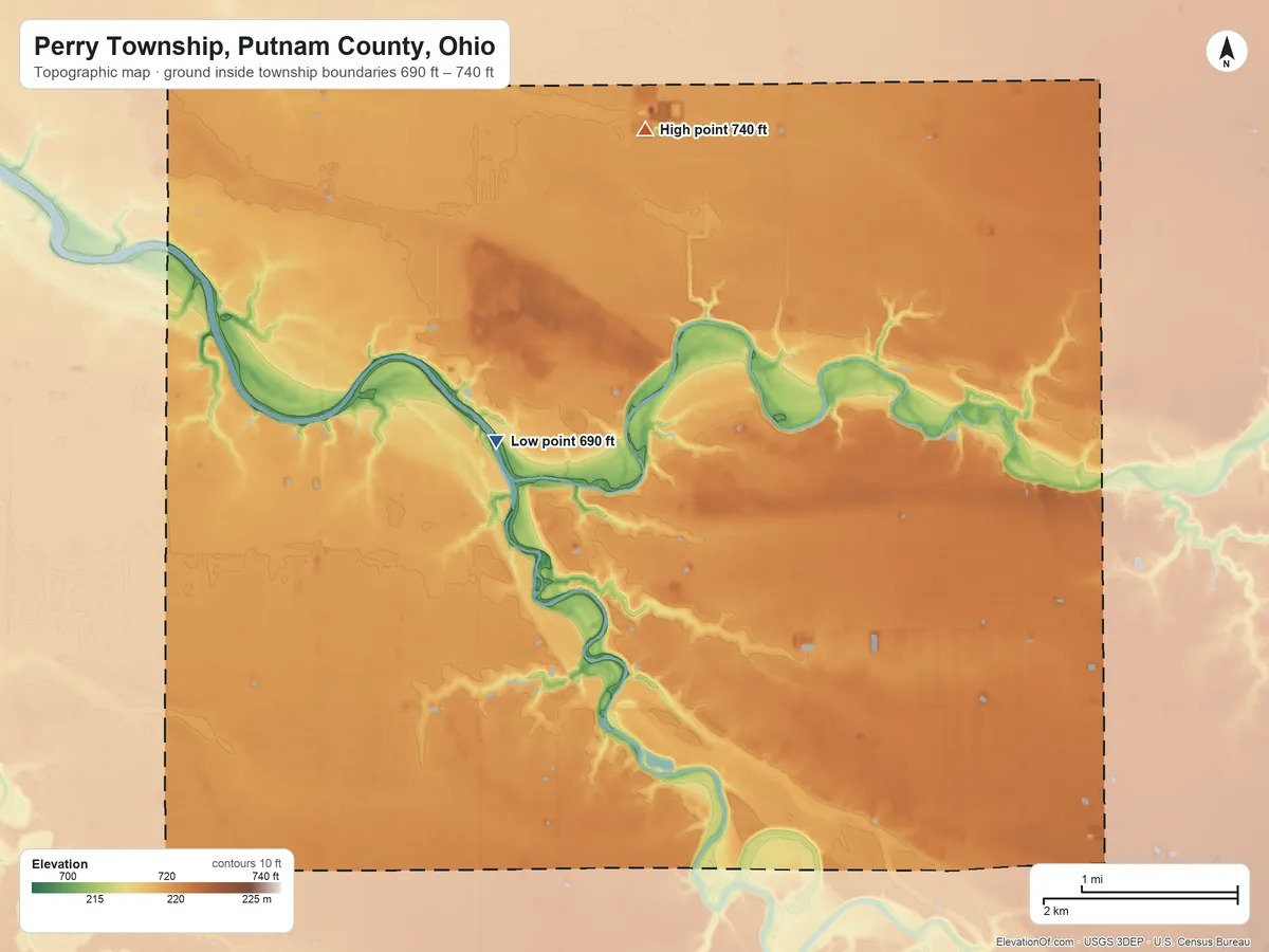 Topographic elevation map of Perry Township, Putnam County, Ohio, shaded from 690 ft on the west side to 740 ft on the north side