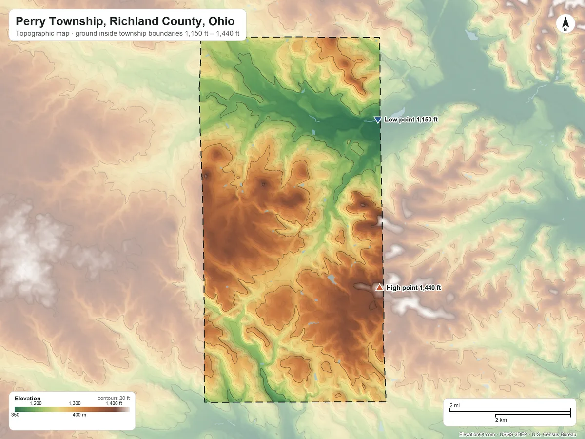 Topographic elevation map of Perry Township, Richland County, Ohio, shaded from 1,150 ft on the east side to 1,440 ft on the southeast side