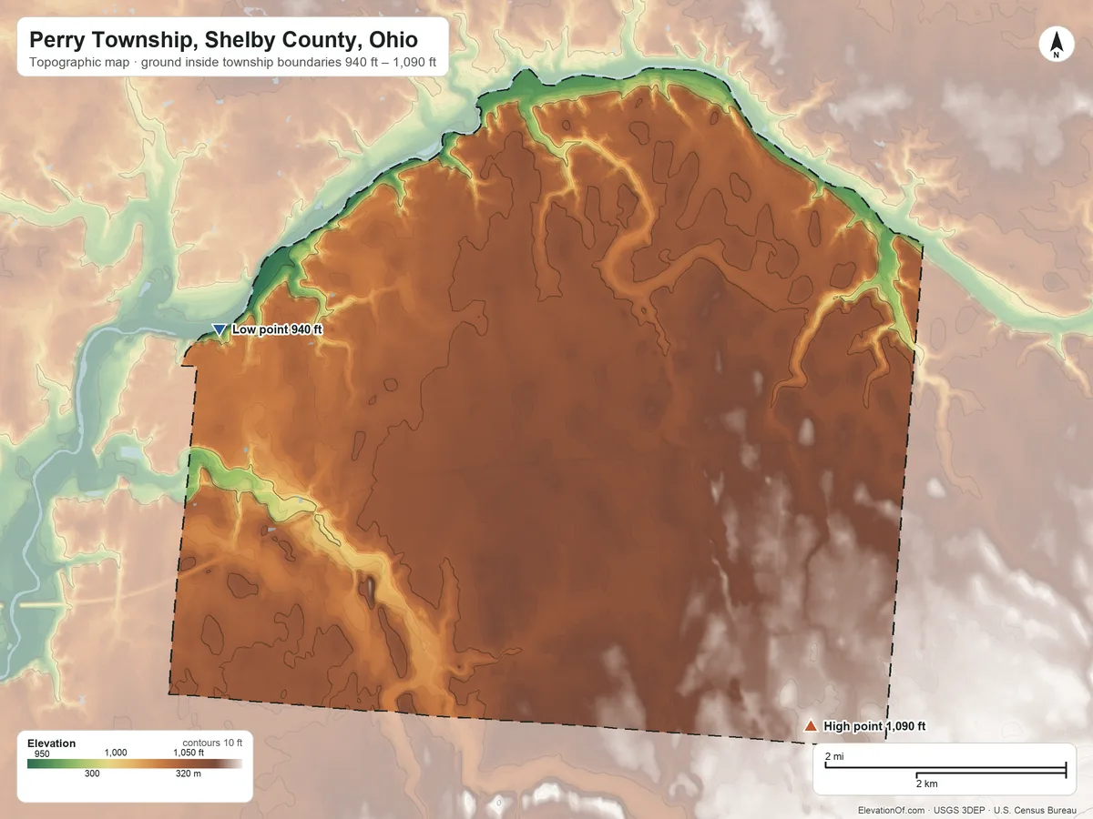 Topographic elevation map of Perry Township, Shelby County, Ohio, shaded from 940 ft on the northwest side to 1,090 ft on the southeast side
