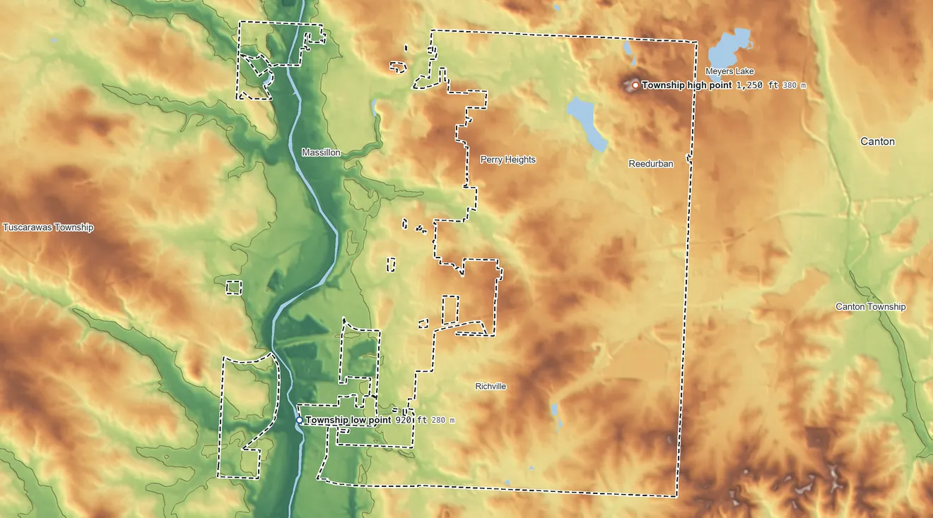 Topographic elevation map of Perry Township, Ohio, shaded from 920 ft on the southwest side to 1,250 ft on the northeast side