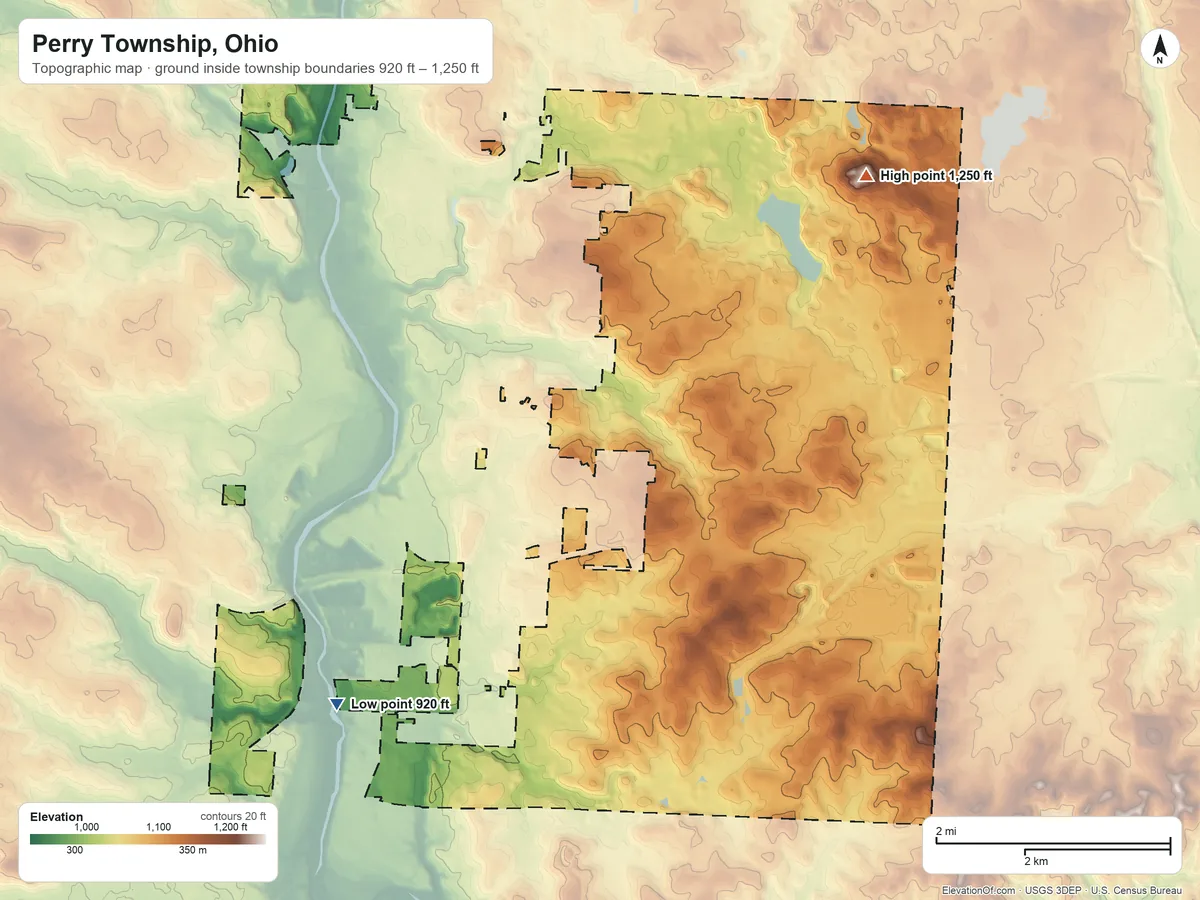 Topographic elevation map of Perry Township, Ohio, shaded from 920 ft on the southwest side to 1,250 ft on the northeast side