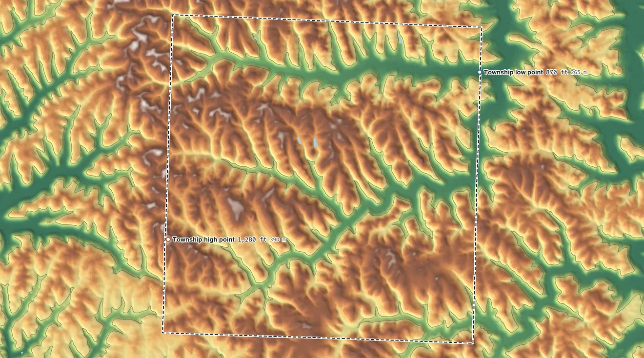 Topographic elevation map of Perry Township, Tuscarawas County, Ohio, shaded from 870 ft on the northeast side to 1,280 ft on the west side