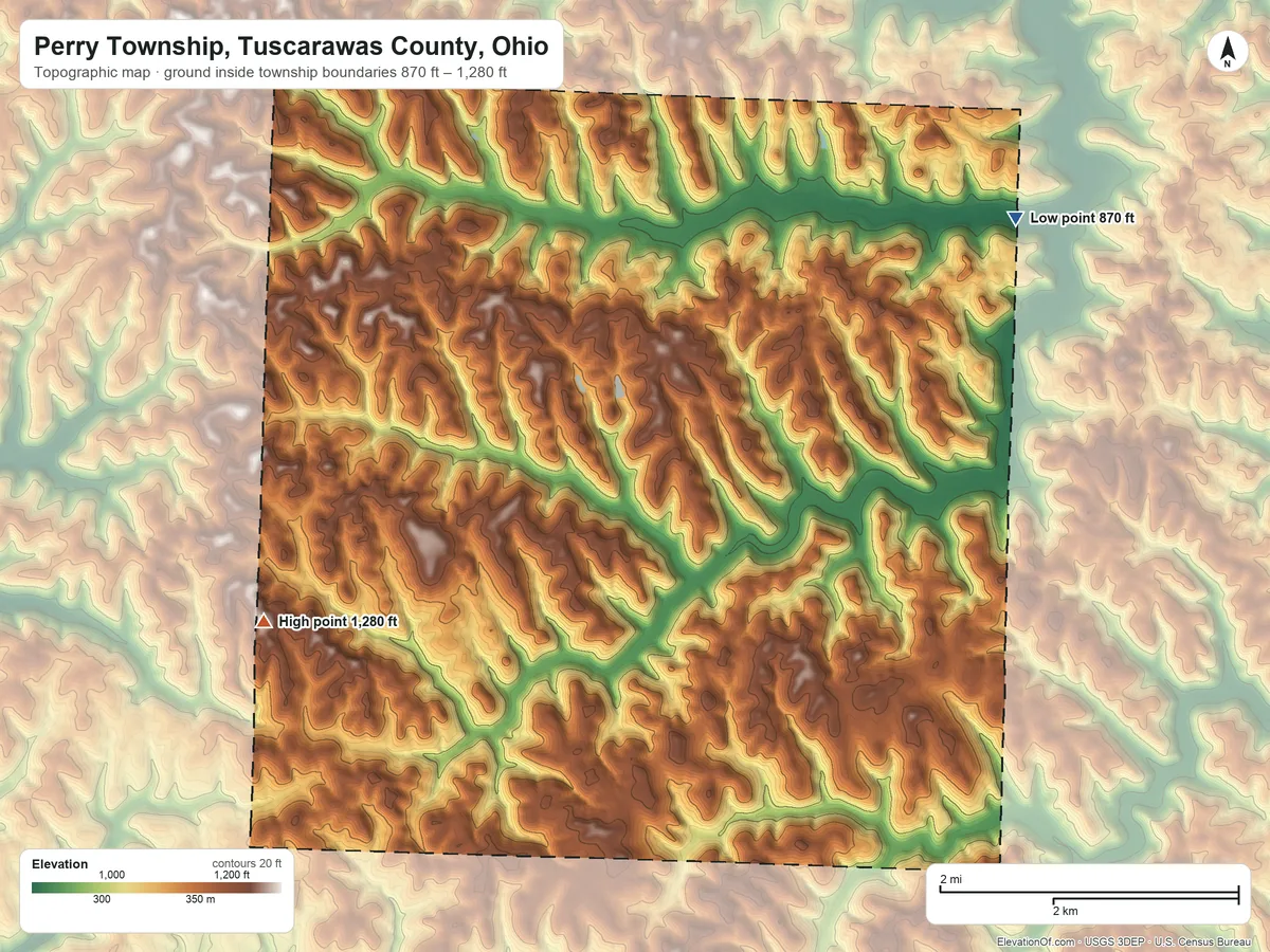 Topographic elevation map of Perry Township, Tuscarawas County, Ohio, shaded from 870 ft on the northeast side to 1,280 ft on the west side