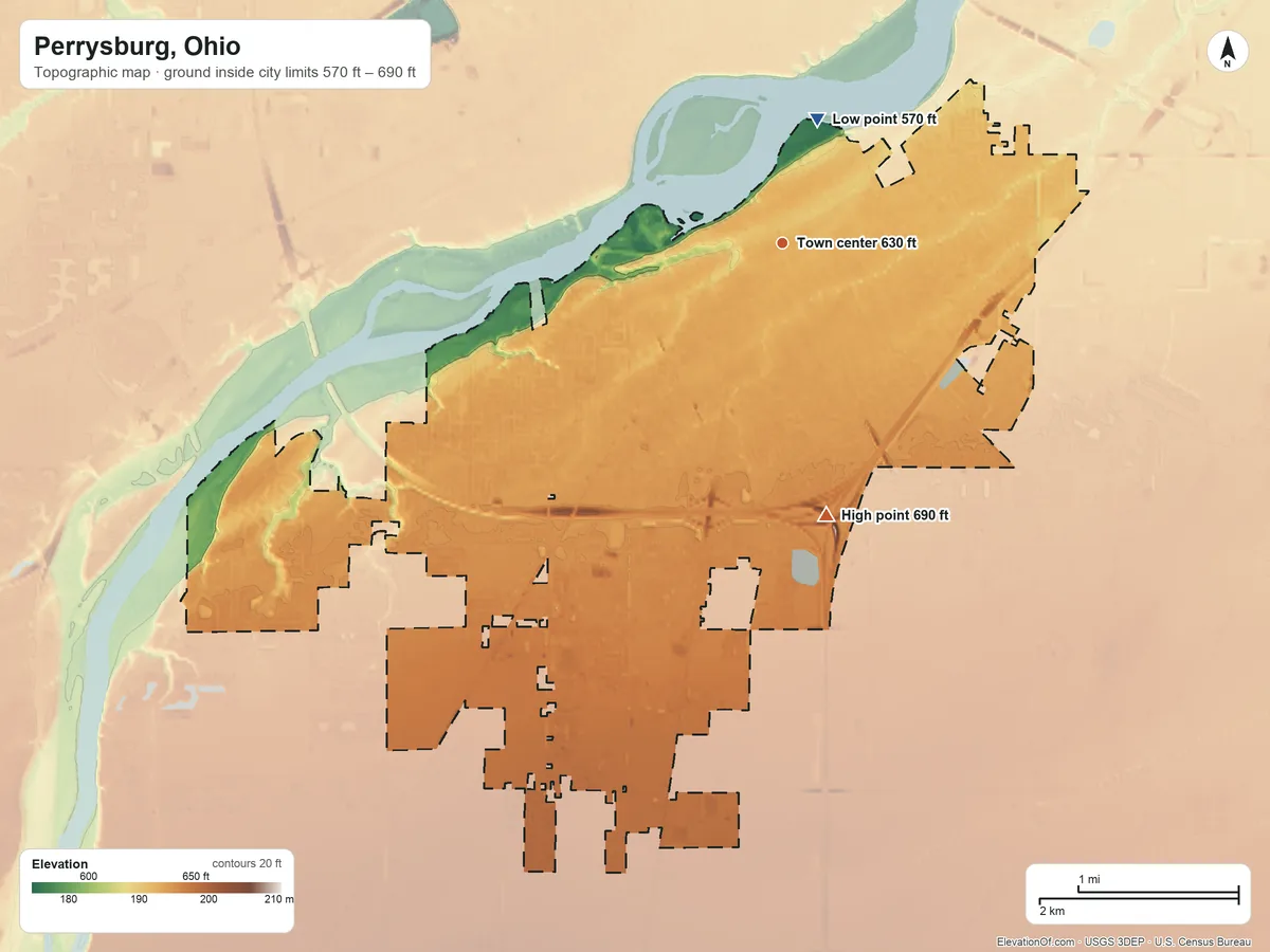 Topographic elevation map of Perrysburg, Ohio, shaded from 570 ft on the north side to 690 ft on the south side
