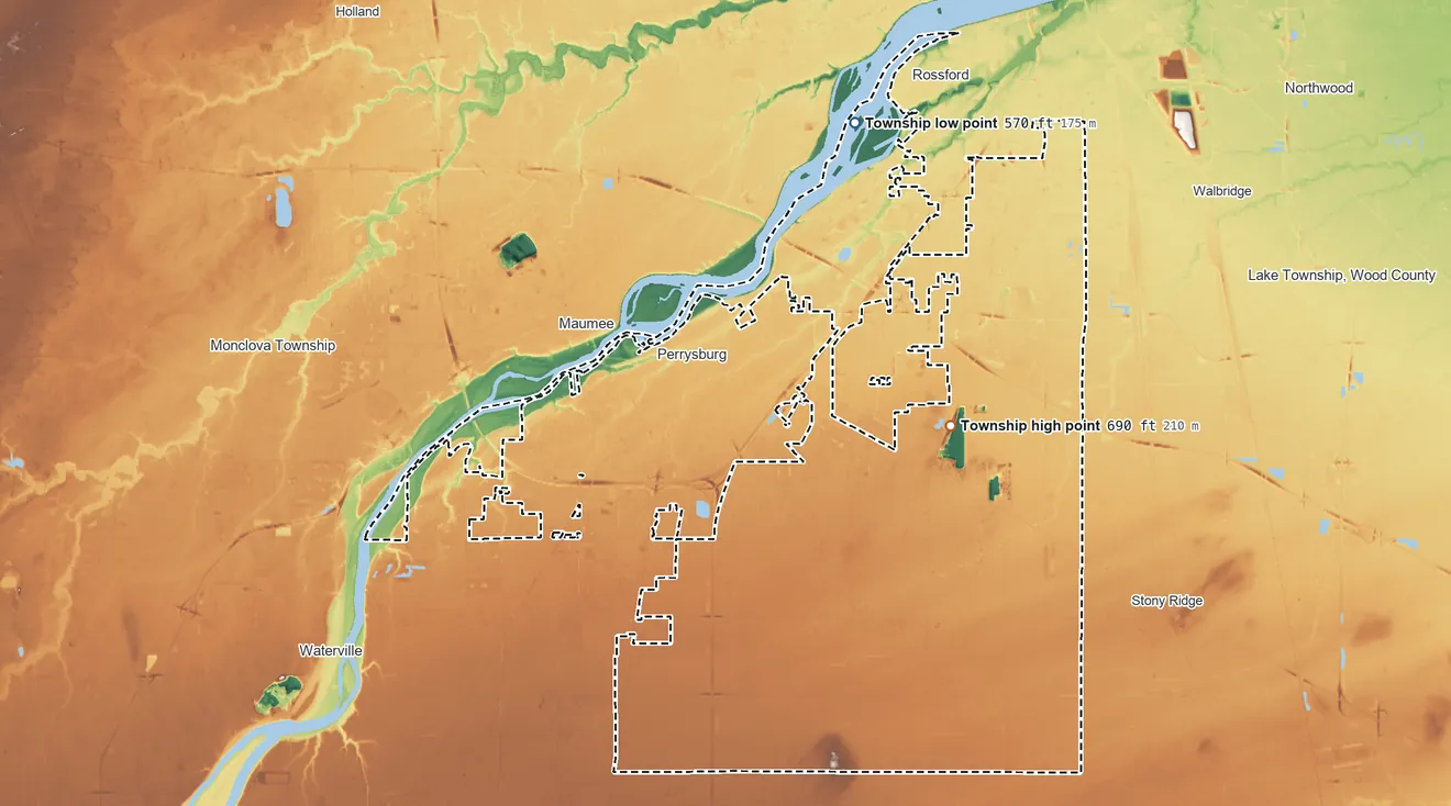 Topographic elevation map of Perrysburg Township, Ohio, shaded from 570 ft on the north side to 690 ft near the middle
