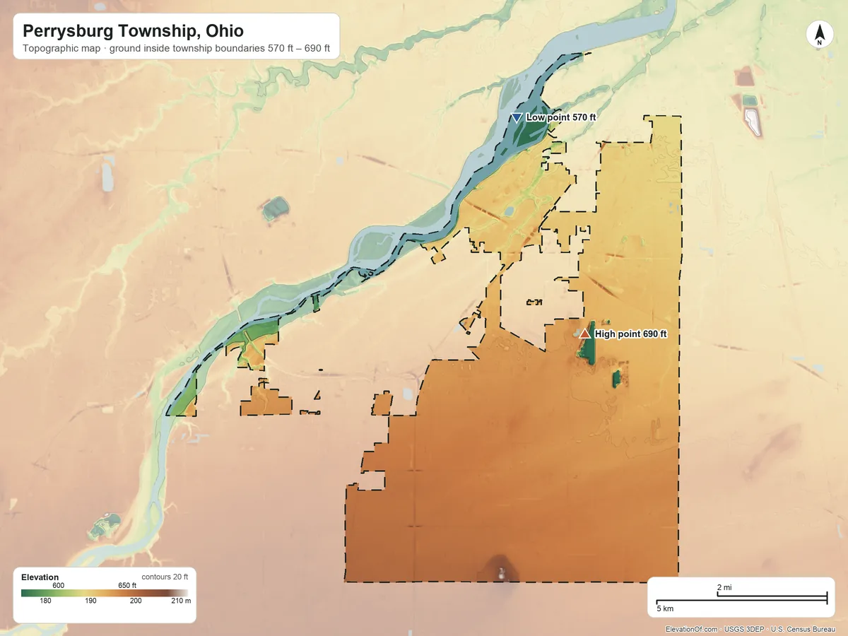 Topographic elevation map of Perrysburg Township, Ohio, shaded from 570 ft on the north side to 690 ft near the middle