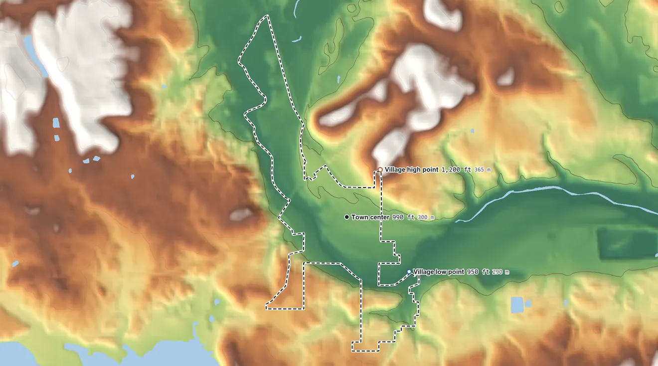 Topographic elevation map of Perrysville, Ohio, shaded from 950 ft on the southeast side to 1,200 ft on the northeast side