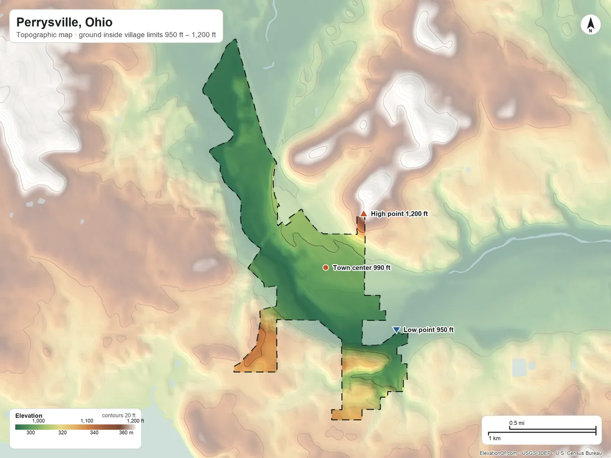 Topographic elevation map of Perrysville, Ohio, shaded from 950 ft on the southeast side to 1,200 ft on the northeast side
