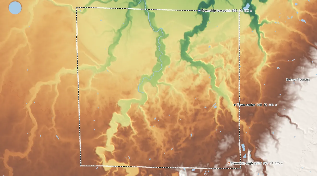 Topographic elevation map of Peru Township, Huron County, Ohio, shaded from 690 ft on the north side to 870 ft on the south side