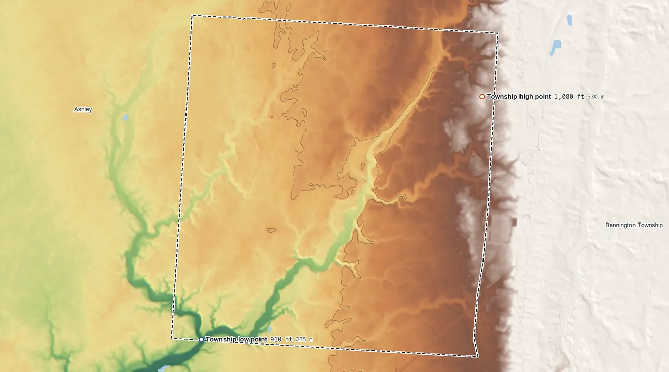 Topographic elevation map of Peru Township, Ohio, shaded from 910 ft on the southwest side to 1,080 ft on the east side