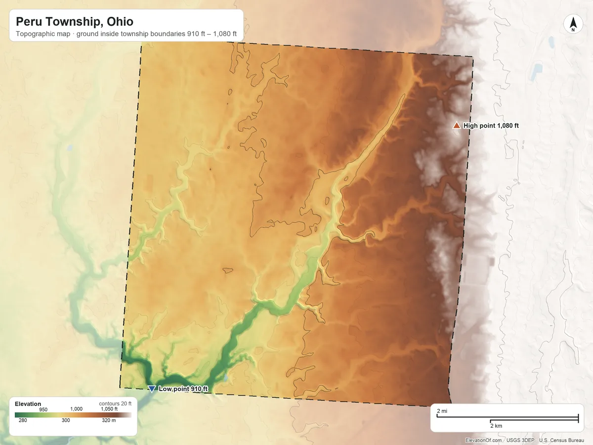 Topographic elevation map of Peru Township, Ohio, shaded from 910 ft on the southwest side to 1,080 ft on the east side