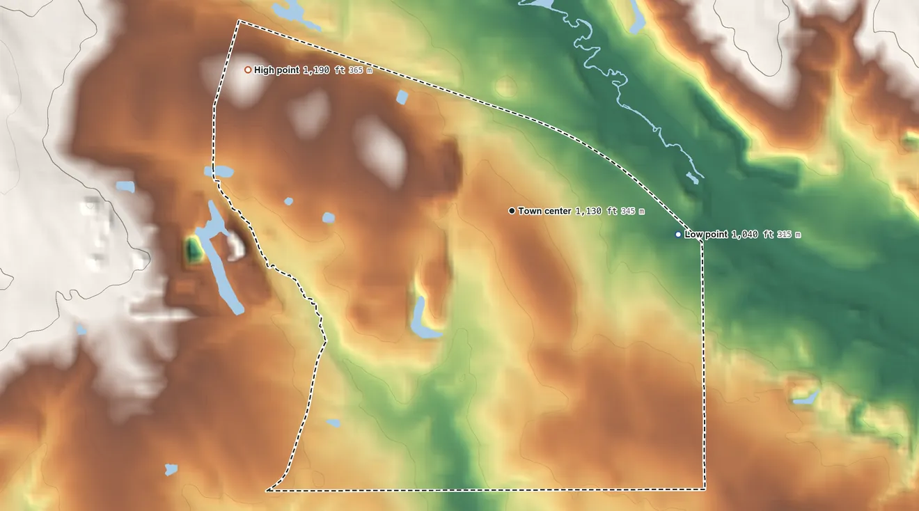 Topographic elevation map of Petersburg, Ohio, shaded from 1,040 ft on the east side to 1,190 ft on the northwest side