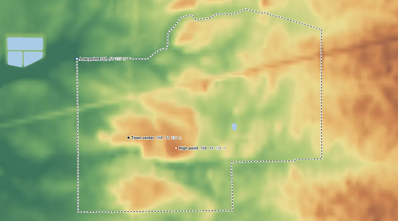 Topographic elevation map of Pettisville, Ohio, shaded from 740 ft on the northwest side to 760 ft on the east side