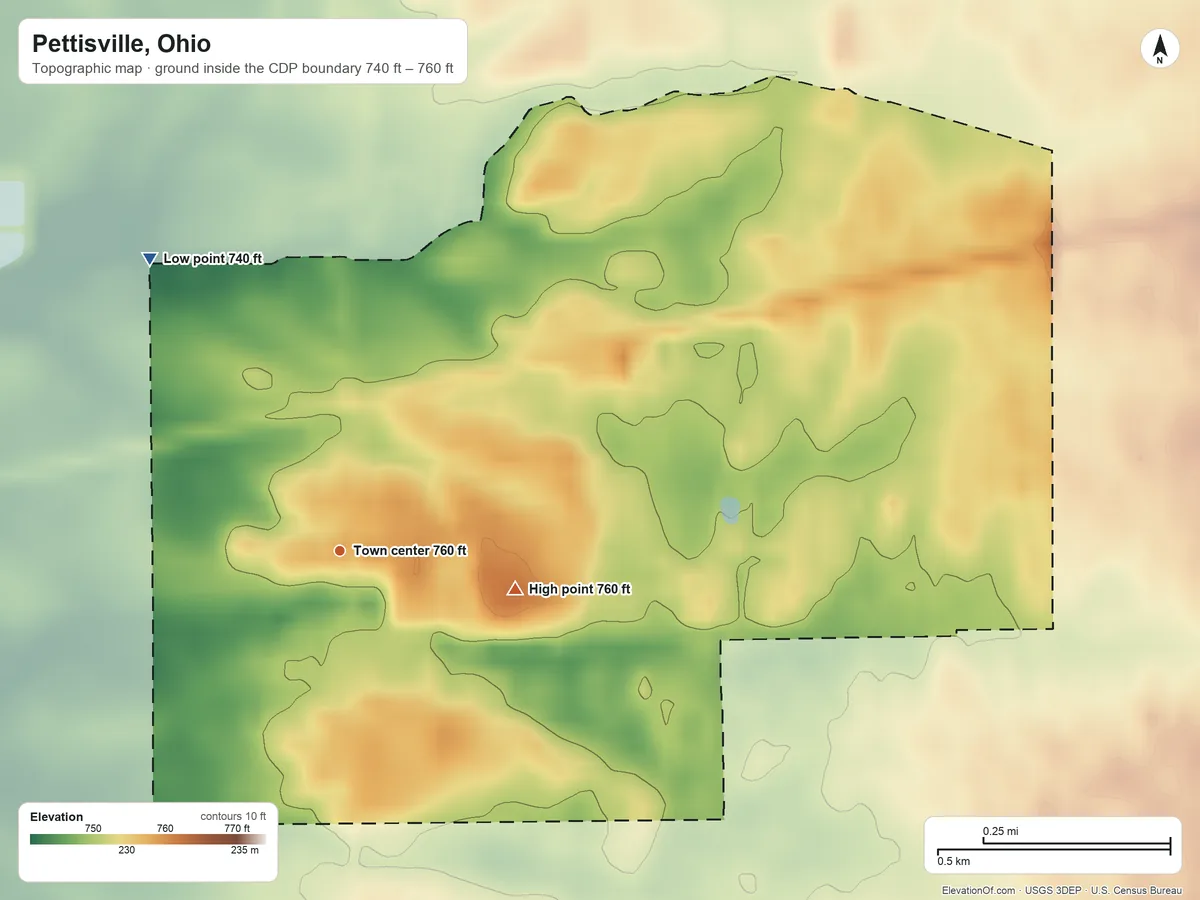 Topographic elevation map of Pettisville, Ohio, shaded from 740 ft on the northwest side to 760 ft on the east side