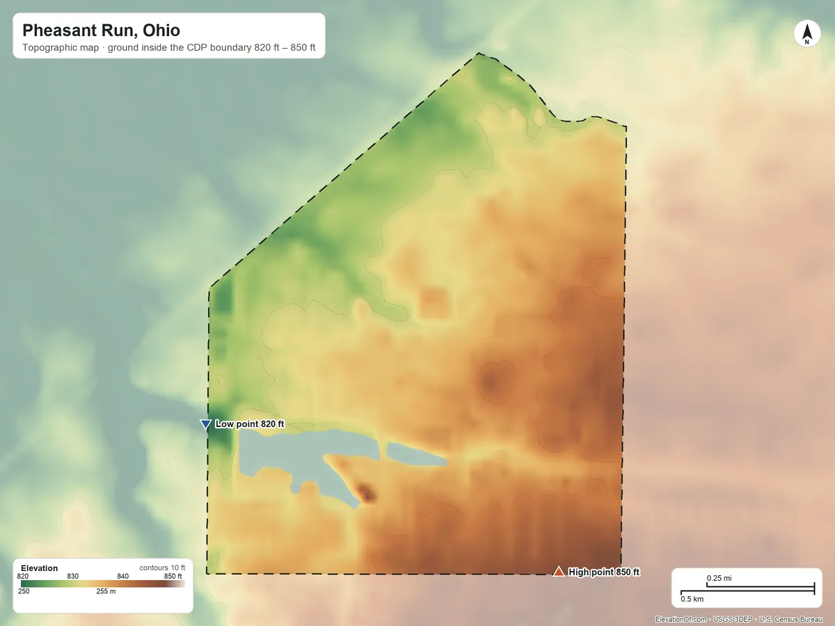 Topographic elevation map of Pheasant Run, Ohio, shaded from 820 ft on the west side to 850 ft on the southeast side