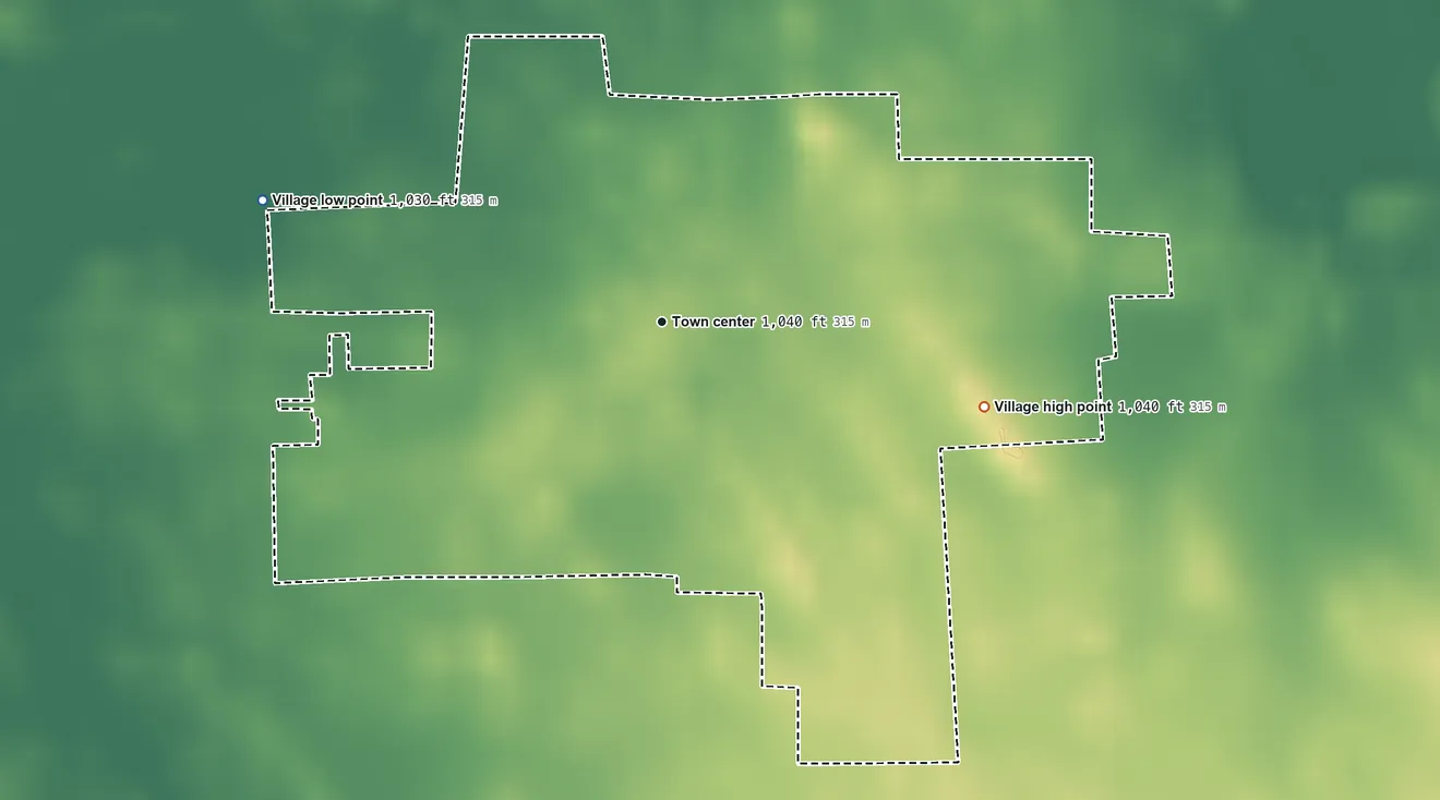 Topographic elevation map of Phillipsburg, Ohio, shaded from 1,030 ft on the west side to 1,040 ft on the east side