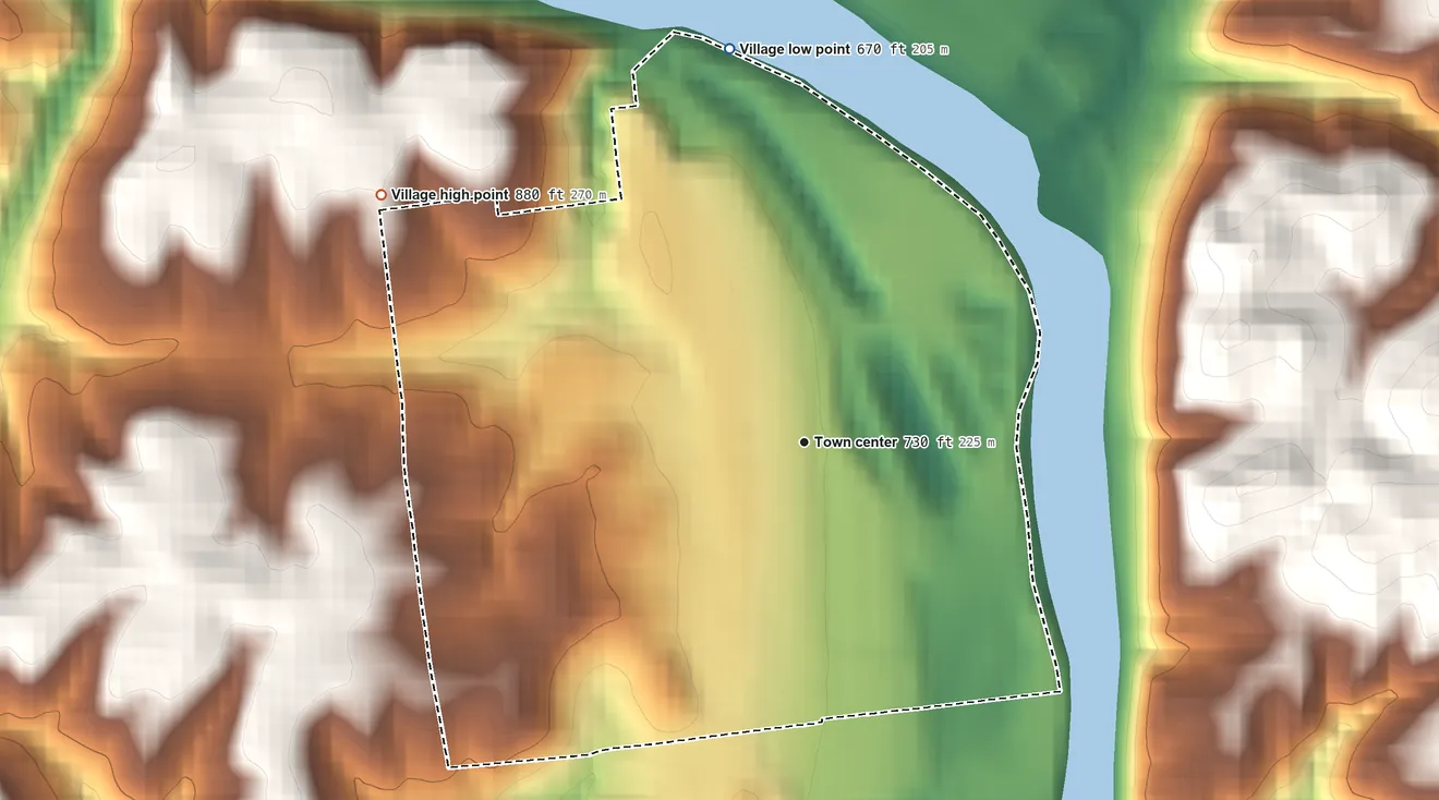 Topographic elevation map of Philo, Ohio, shaded from 670 ft on the north side to 880 ft on the northwest side