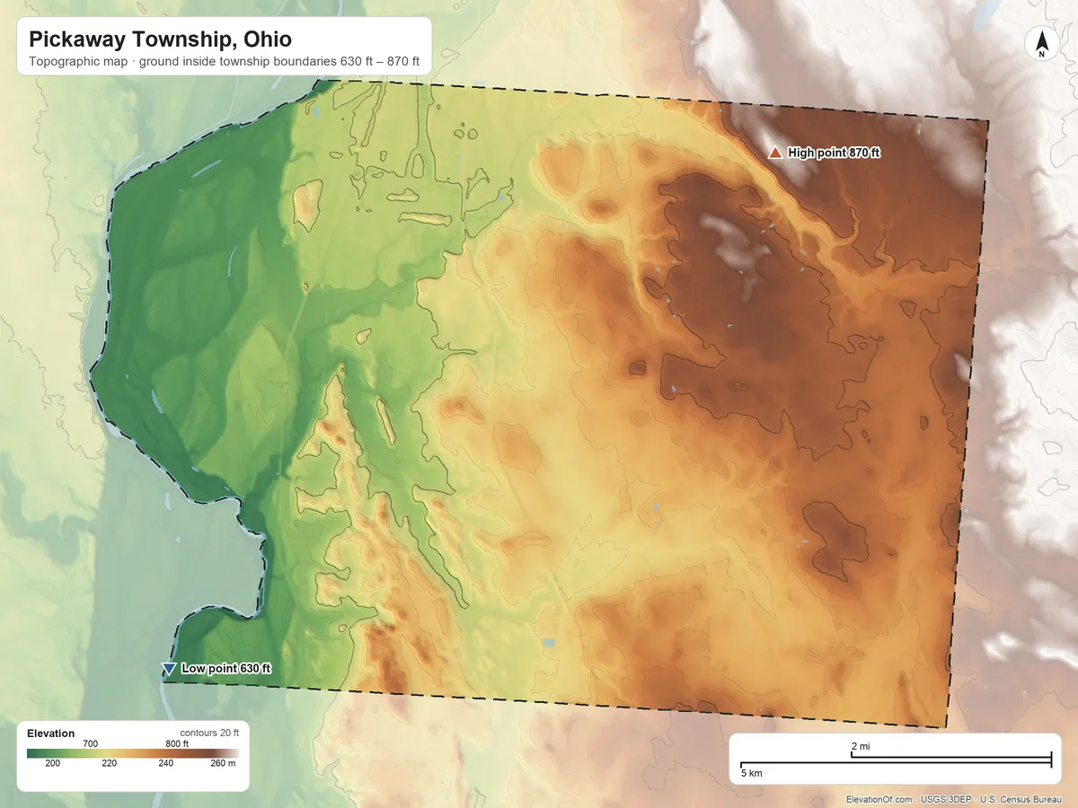Topographic elevation map of Pickaway Township, Ohio, shaded from 630 ft on the southwest side to 870 ft on the northeast side