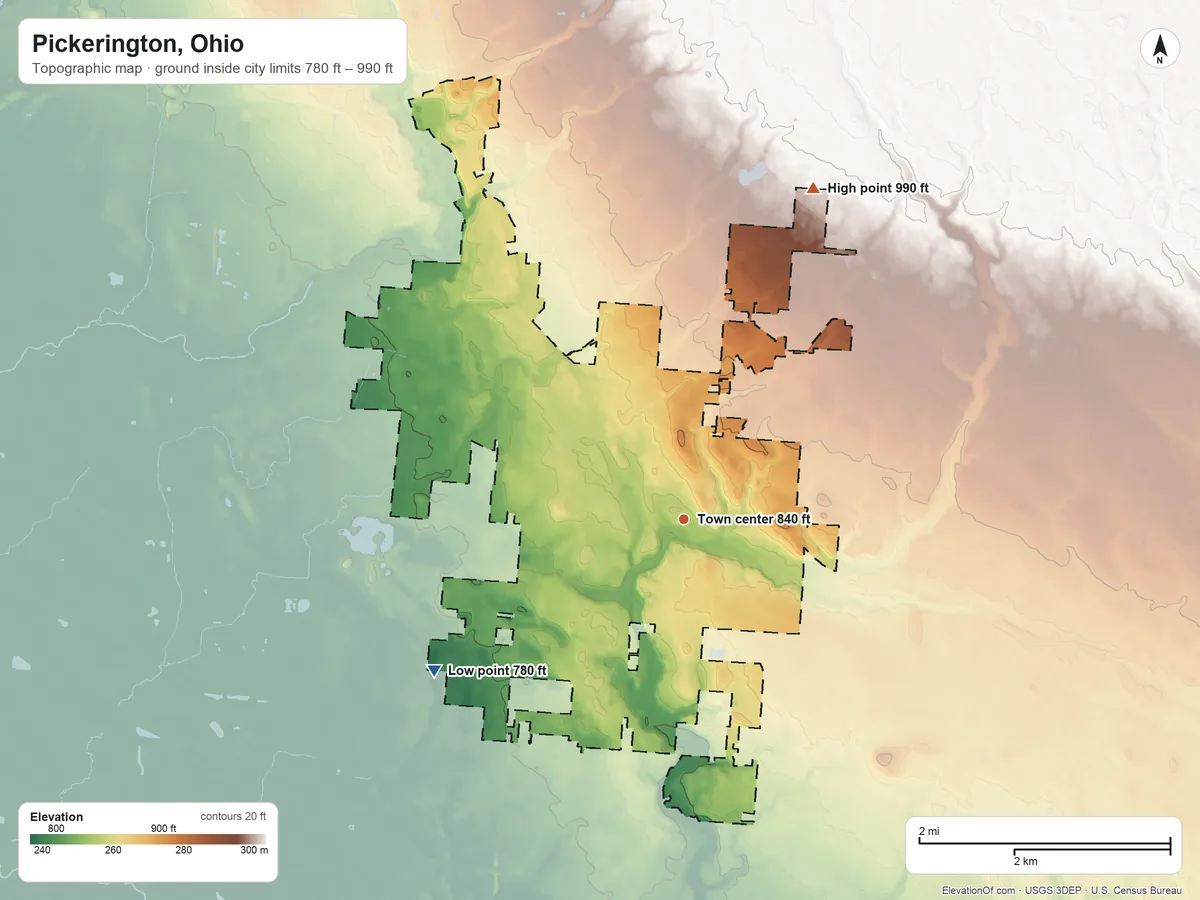 Topographic elevation map of Pickerington, Ohio, shaded from 780 ft on the southwest side to 990 ft on the north side