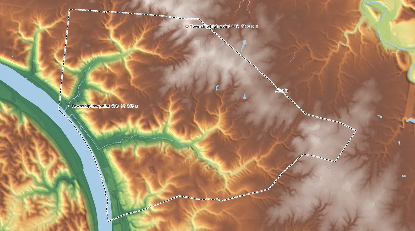 Topographic elevation map of Pierce Township, Ohio, shaded from 470 ft on the west side to 920 ft on the north side
