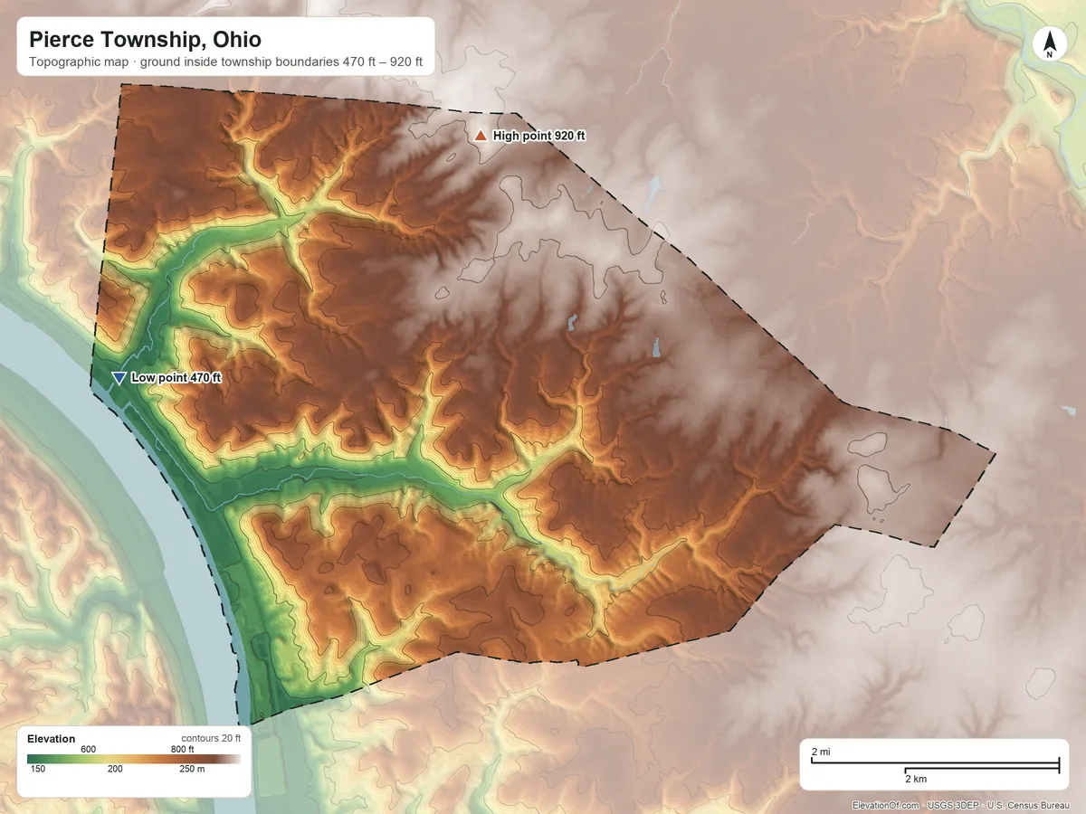 Topographic elevation map of Pierce Township, Ohio, shaded from 470 ft on the west side to 920 ft on the north side
