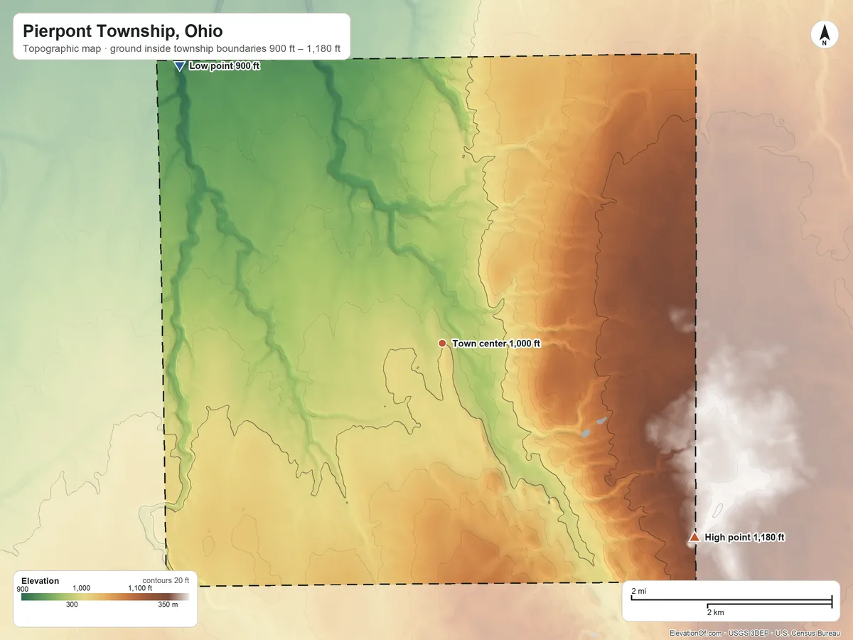 Topographic elevation map of Pierpont Township, Ohio, shaded from 900 ft on the northwest side to 1,180 ft on the southeast side