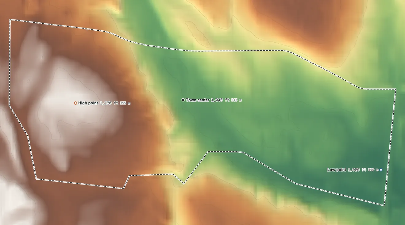 Topographic elevation map of Pigeon Creek, Ohio, shaded from 1,020 ft on the east side to 1,170 ft on the west side