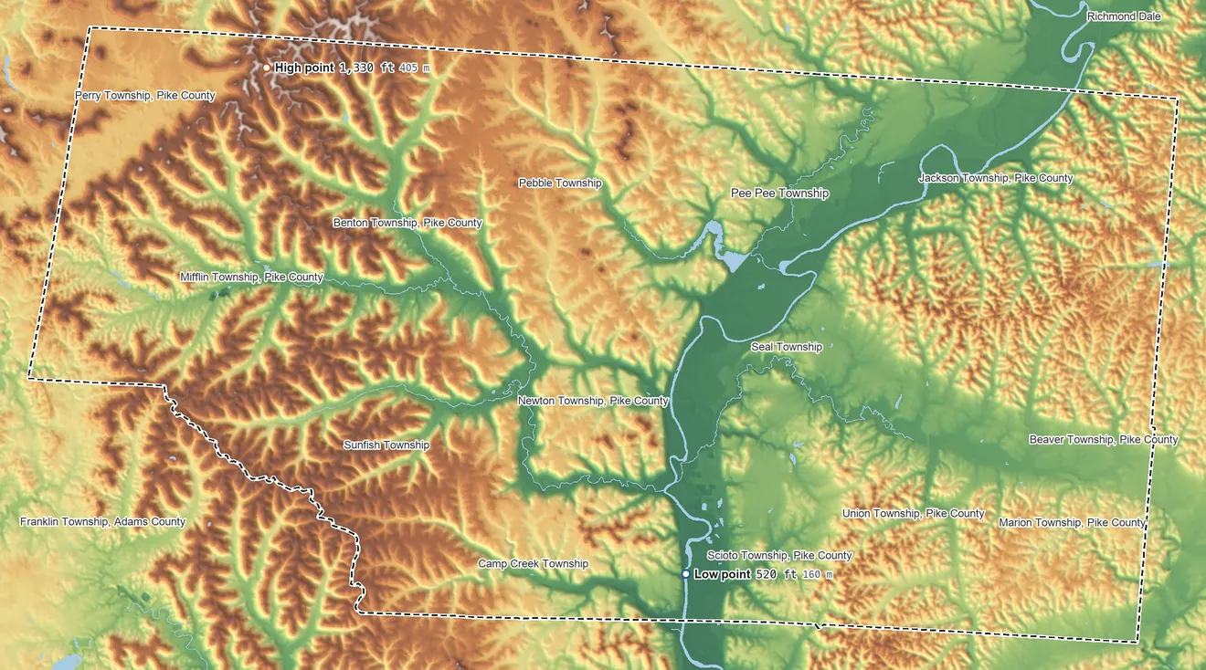 Topographic elevation map of Pike County, Ohio, shaded from 520 ft on the south side to 1,330 ft on the northwest side