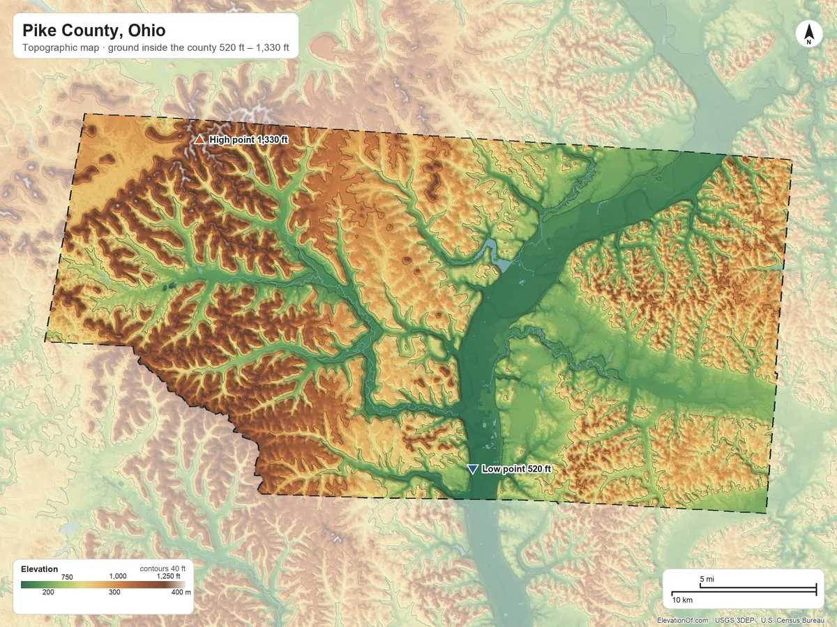 Topographic elevation map of Pike County, Ohio, shaded from 520 ft on the south side to 1,330 ft on the northwest side